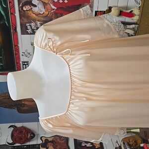 Vintage Baby Pink Full Length Slip Lace Bow Flutter Sleeves 70s 1970s Retro